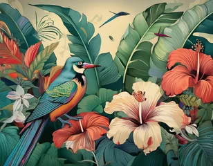 Rideaux Imprimé botanique patrons Tropical Garden Illustration with Banana Leaves, Hibiscus Flowers, and Colorful Birds  © Ranta Images