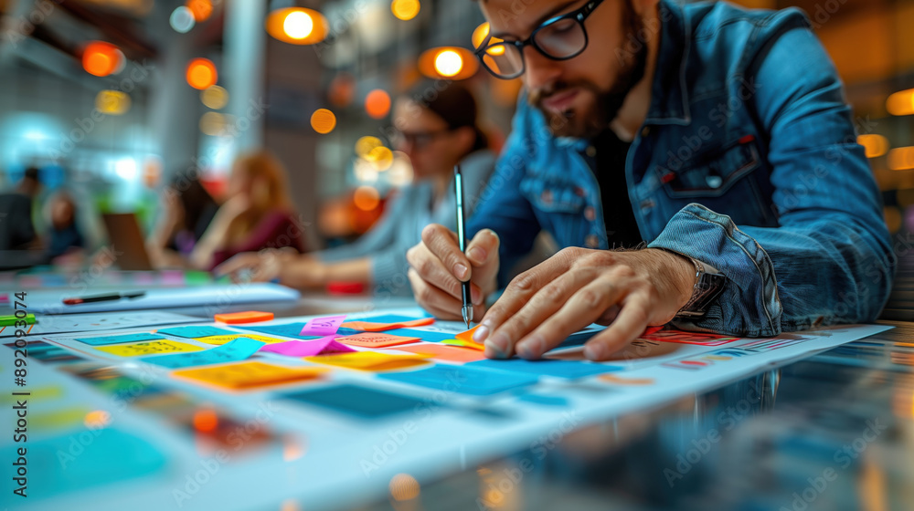 Poster man writing on sticky notes in office. man writing on sticky notes in an office setting, surrounded 