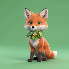 Obraz premium 3D simple minimalist fox character with flower on the head, isolated in pastel green background
