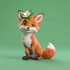 Obraz premium 3D simple minimalist fox character with flower on the head, isolated in pastel green background