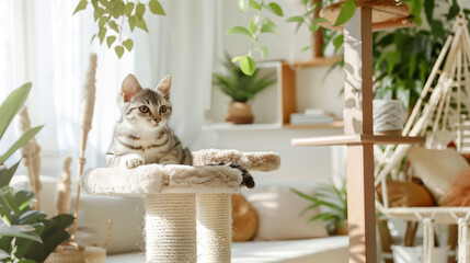 Adorable striped kitten sitting on a cat tree in a cozy sunlit living room with lush green plants. Home decor inspiration, pet-friendly interiors, cozy living spaces, feline companionship.