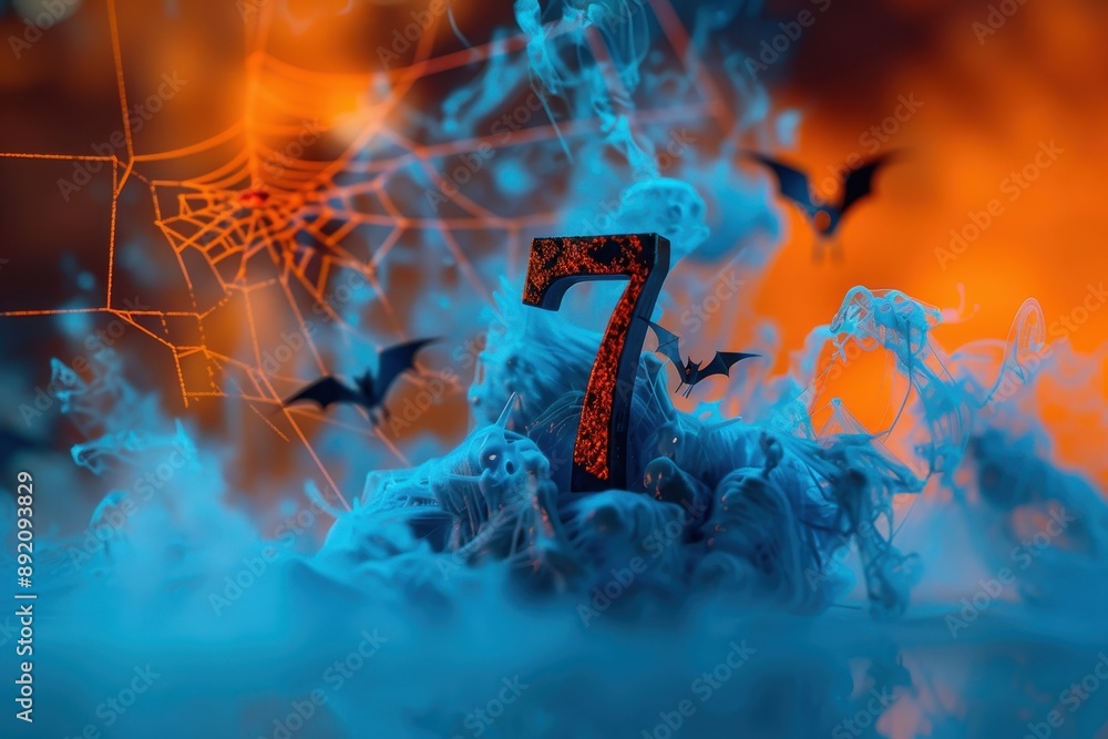 Poster spider web with bats and the number 7 in the center