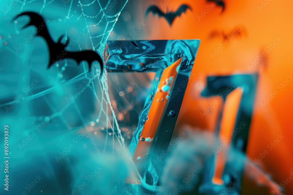 Poster spider web with bats and the number 7 in the center