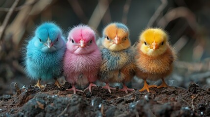 Active Quartet of Colorful Chicks