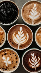 Several cups of coffee with crema, ace latte with patterns, top view. Vertical photo of beverage decor for coffee products