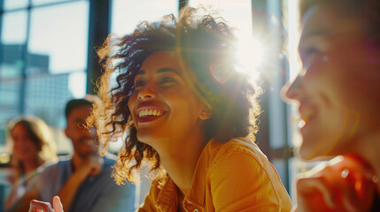 Smiling woman with curly hair brightly illuminated by sunlight against a city background. Positive energy, casual work environment, team collaboration, urban workspace, diversity in workplace.