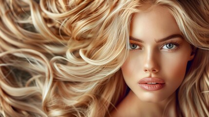 Portrait of beautiful blonde girl with long wavy shiny hair.