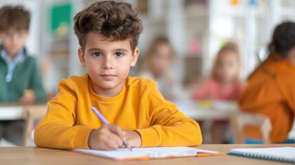 Cute children writing lists of their favorite things during a special writing lesson.