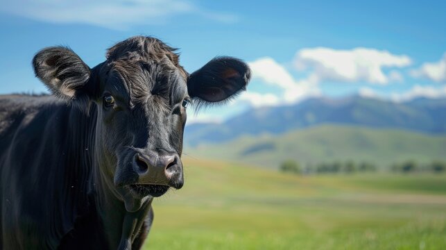 Black angus animal in the grass field