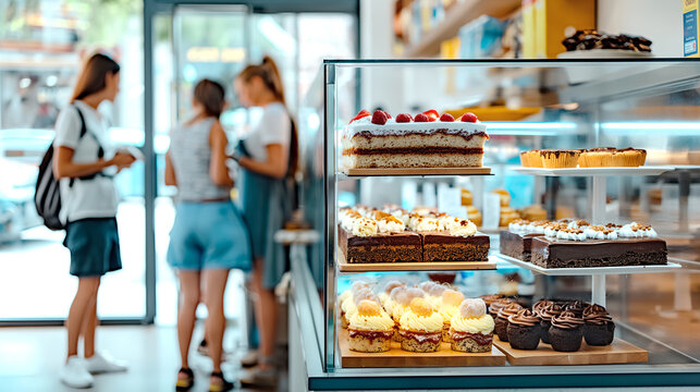 A group of friends stands conversing near a glass display filled with an array of tempting bakery treats, featuring layered cakes and pastries - Generative AI