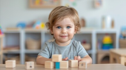 Cute young children playing wooden blocks to enhance development.
