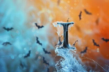 The letter I is surrounded by bats and spider webs, creating a spooky