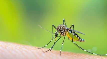 Close-up of a mosquito on skin, dengue fever and malaria.