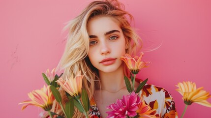 Fototapeta premium Beautiful young blonde woman holding flowers