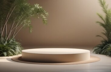 Podium for the presentation of products made of natural stone in beige color and green colors. Concept of natural cosmetics and eco-friendly materials