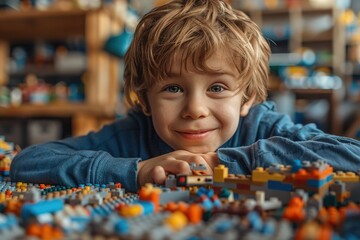 A young boy is laying on a pile of legos and smiling