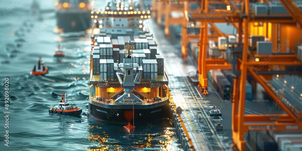 Poster futuristic autonomous freight ship unloading cargo at port with ai-controlled cranes - 3d render of 