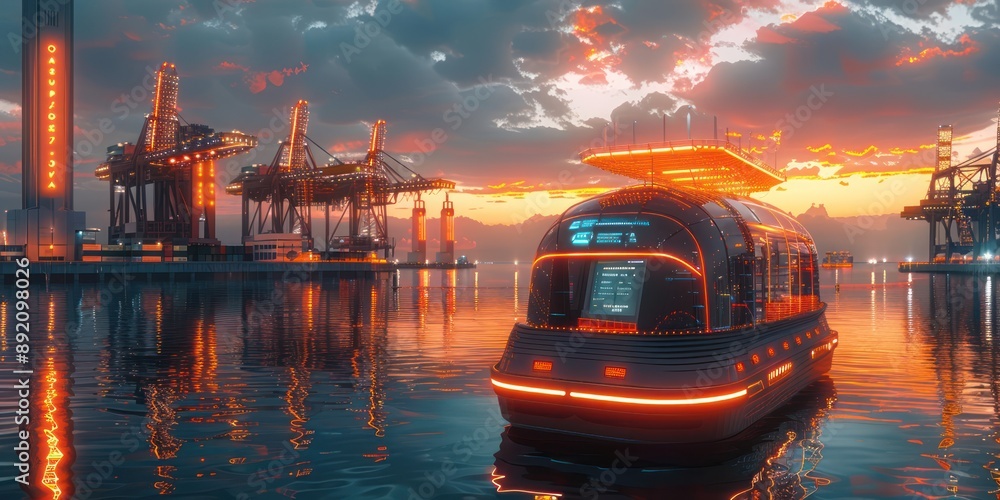 Poster futuristic autonomous freight ship unloading cargo at port with ai-controlled cranes - 3d render log