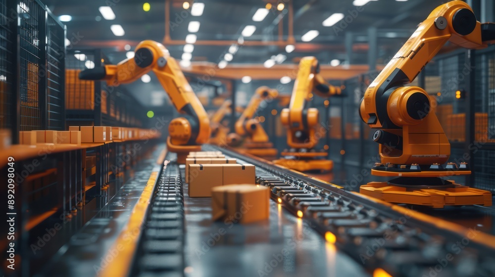 Poster futuristic digital warehouse with automated robotic arms sorting packages in 3d render, concept of m