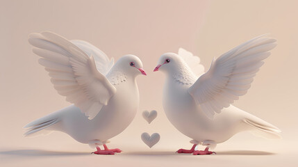 Fototapeta premium 3D render of cute white doves with pink feet, wings spread