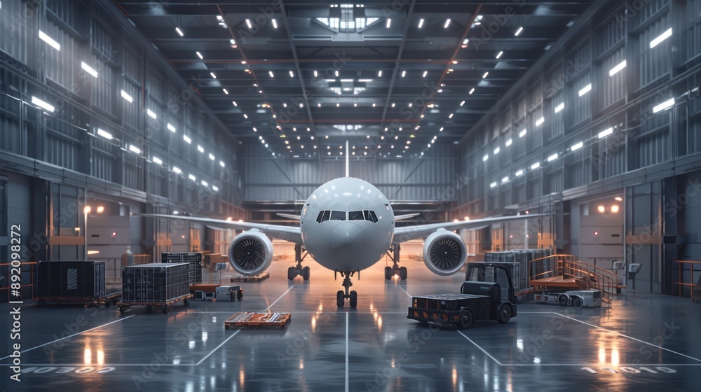 Poster futuristic autonomous cargo aircraft unloading at advanced logistics terminal - 3d render of next-ge