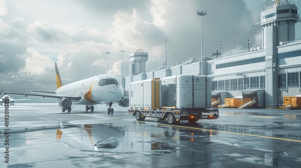 Aufkleber futuristic autonomous cargo aircraft unloading at advanced logistics terminal - 3d render concept in