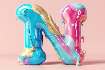 The letter N is made of a shiny, colorful material