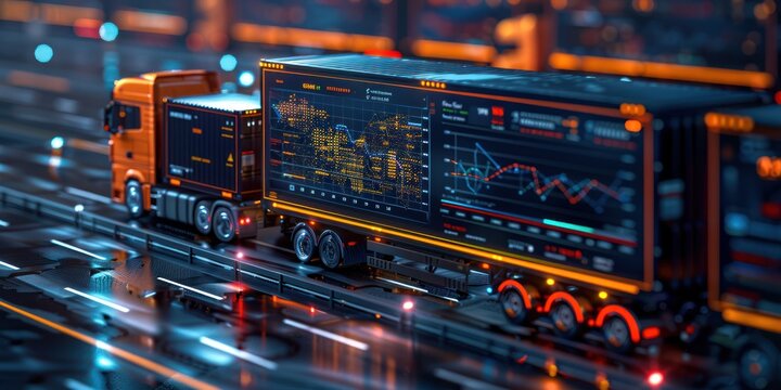 Futuristic Interactive Logistics Dashboard with Real-Time Data Analytics in 3D Render for Digital Transportation Management, Generative Ai