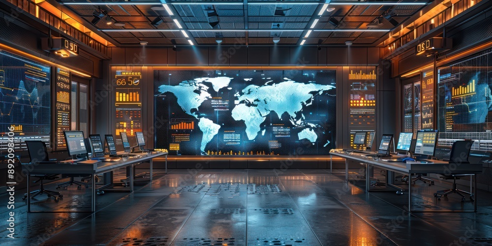 Poster advanced ai-driven logistics control room overseeing global shipments in 3d environment, generative 