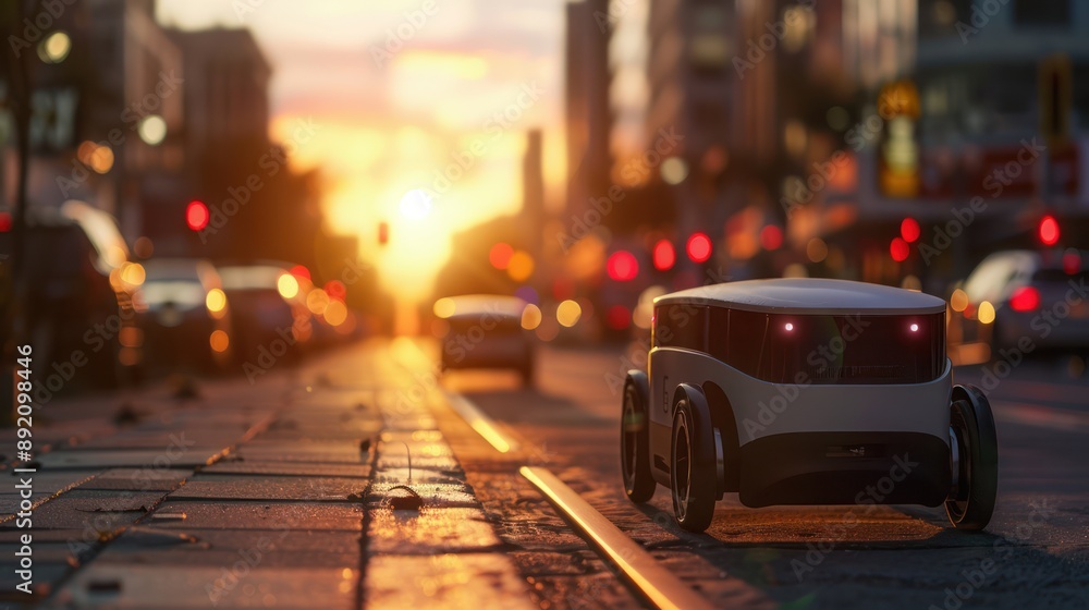 Aufkleber futuristic smart delivery robots in urban logistics 3d render - city navigation concept for efficien
