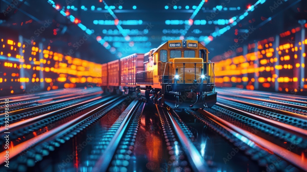 Poster futuristic autonomous cargo trains in intricate railway system - 3d render illustration of advanced 
