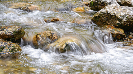 Calming rhythms captured in the clear water of a gently flowing mountain stream, showcasing serene natural beauty