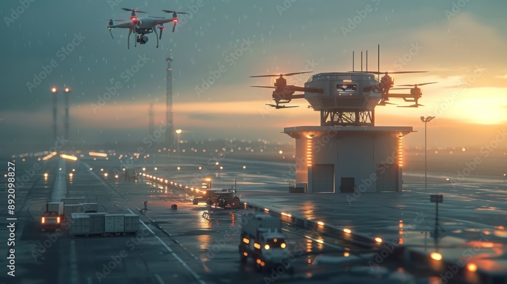 Poster futuristic logistics control tower monitoring drone delivery operations in 3d render - conceptualizi
