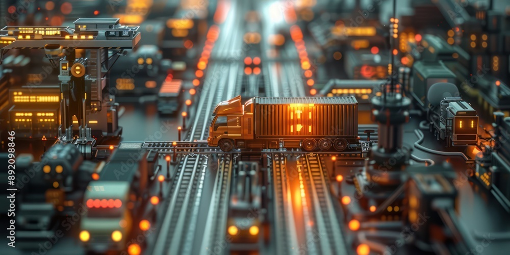 Poster futuristic smart logistics park with integrated ai systems and 3d render for efficient transportatio
