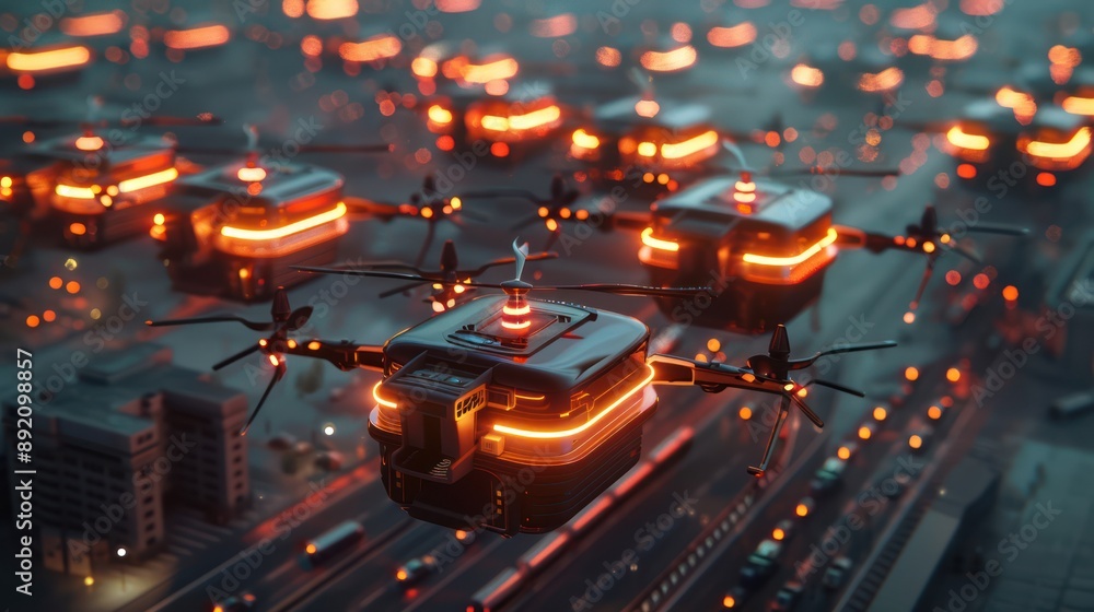 Poster advanced drone fleet in synchronized delivery operations - 3d render of futuristic logistics solutio