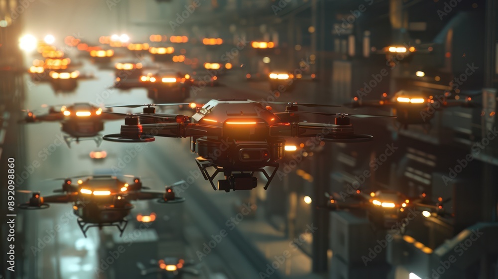 Poster futuristic drone fleet conducting synchronized delivery operations for advanced logistics solutions 