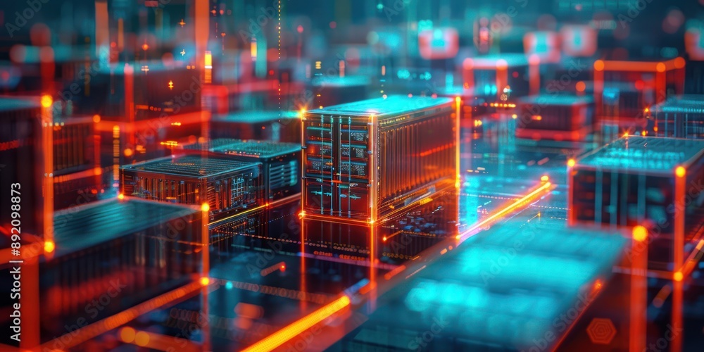 Poster futuristic automated supply chain revolutionizing logistics with blockchain-secured data, 3d render 