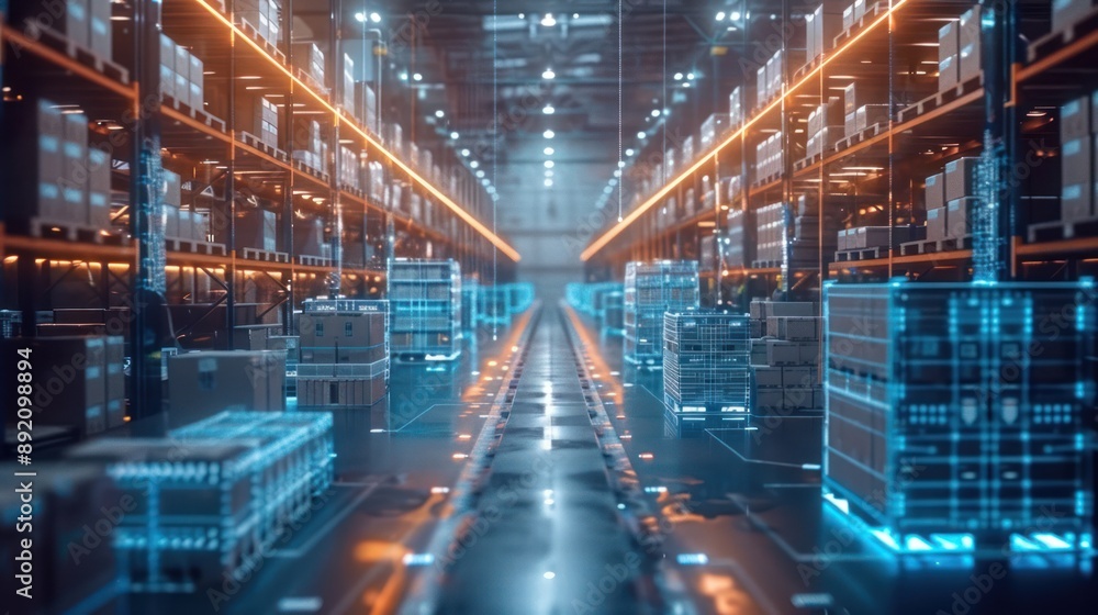 Poster futuristic high-tech logistics center with ai-powered inventory systems, optimized warehouse operati