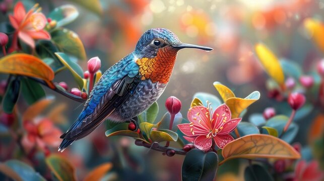 Hummingbird Perched on Branch - Realistic Painting Illustration with Vibrant Colors and Intricate Details, Conveys Serenity and Beauty