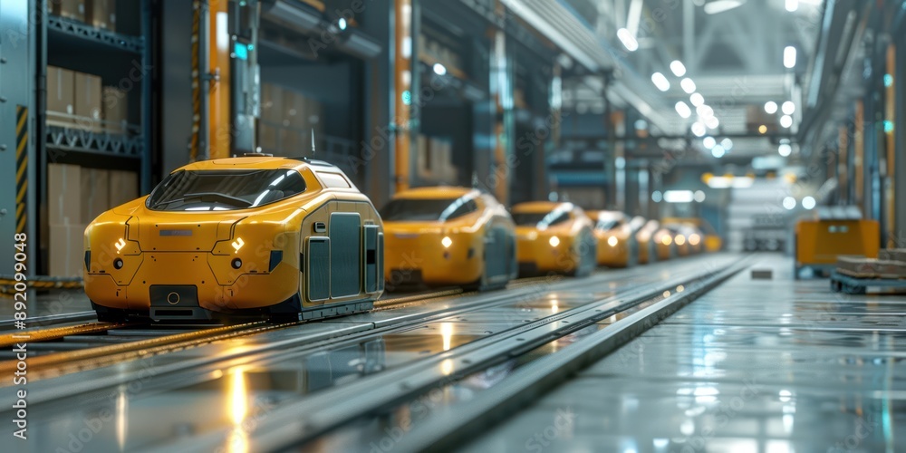 Poster futuristic ai-driven logistics hub with robotic package handling, advanced transportation management