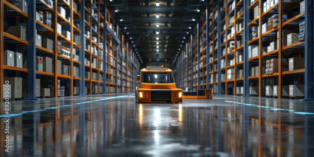 Poster futuristic ai-driven logistics hub: robotic package handling and advanced transportation management,