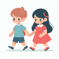 vector cute kids couple walking together flat design