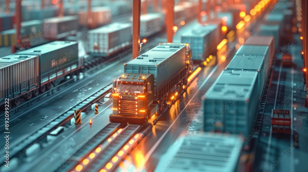 Poster futuristic high-tech logistics terminal with seamless automation, 3d render of efficient transportat
