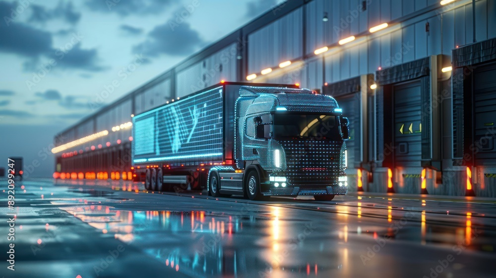 Poster futuristic high-tech logistics terminal with seamless automation, 3d render illustration of efficien