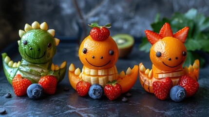 Fototapeta premium Dino-Fruit Delight: Playful and Healthy Snack for Kids with Bananas, Strawberries, Blueberries, and Chocolate Chips in Fun Dinosaur Shapes