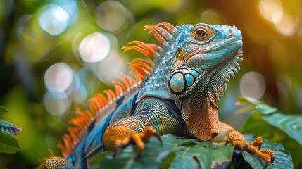 Obraz premium Green Iguana Perching on Tree Branch in Tropical Forest Habitat