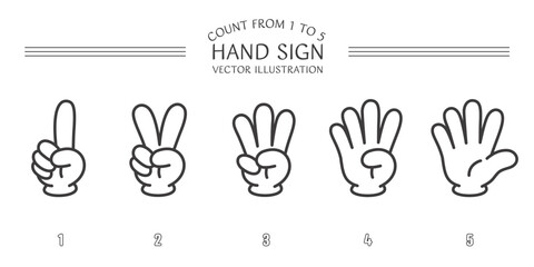 指で数字を表すハンドサインのベクターイラスト。ベクターデータは輪郭線の線幅を変更できます。