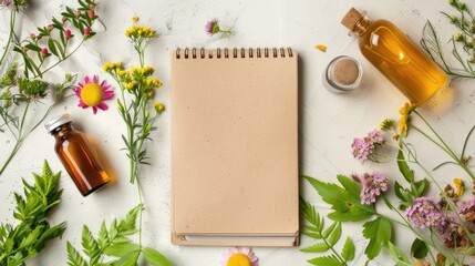 Notebook with kraft paper spring flowers and chemical on light background viewed from above