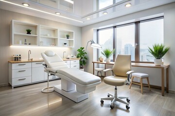 Fototapeta premium A clean and well-lit room with a white chair and a desk