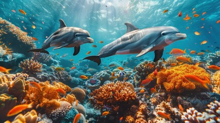Obraz premium Dolphin and Colorful Fish in Vibrant Coral Reef Underwater Scene